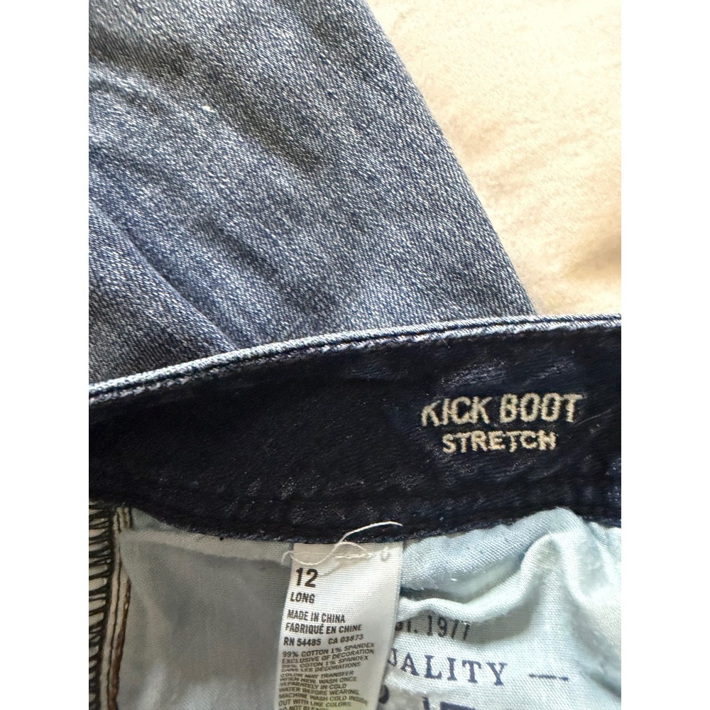 American Eagle Kick Boot Stretch 12 Long Dark Wash Blue Bootcut Distressed - Picture 2 of 8